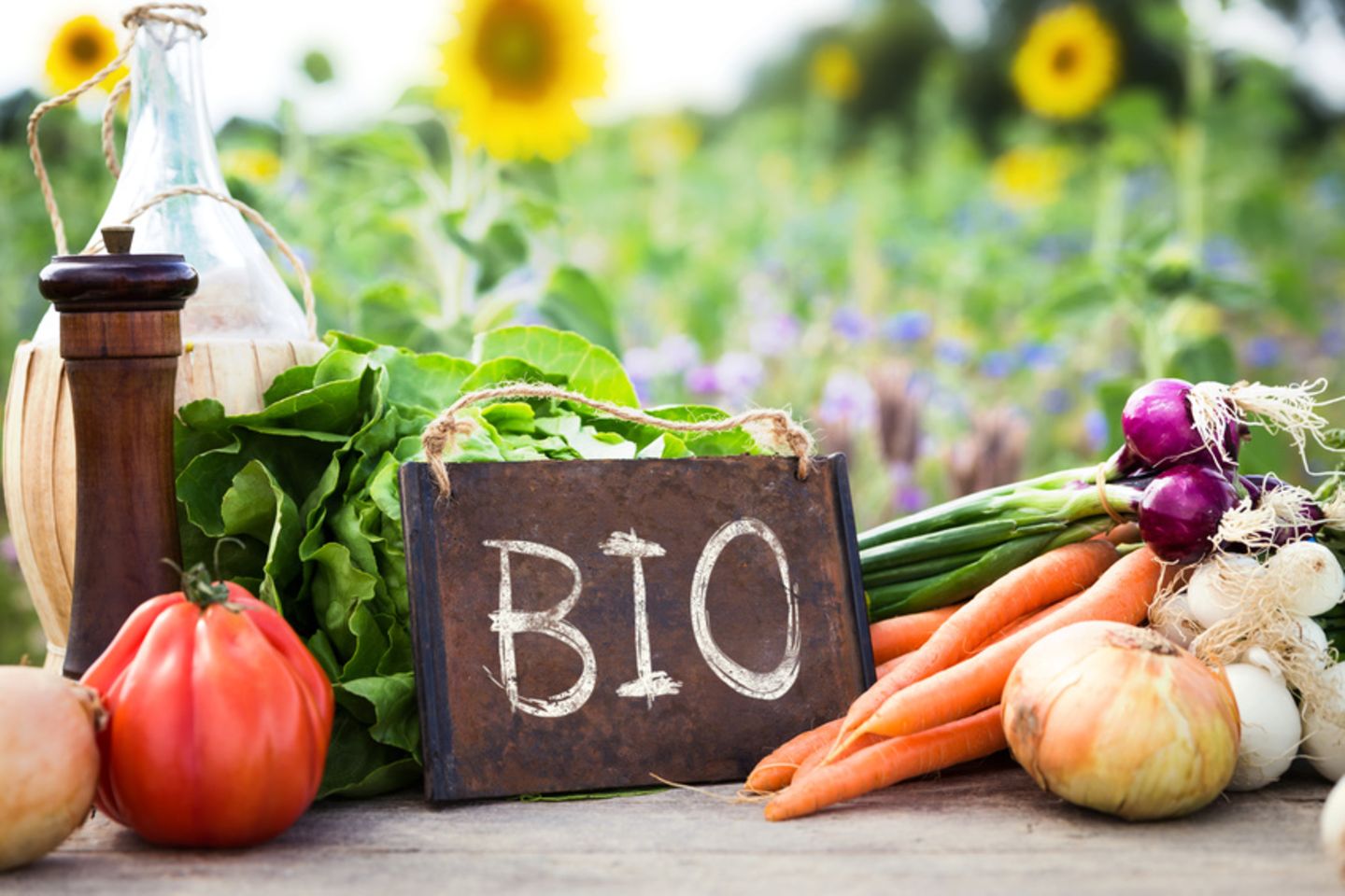 Biogemüse wie Tomaten Zwiebeln und Karotten auf einem Tisch und dahinter Sonnenblumen